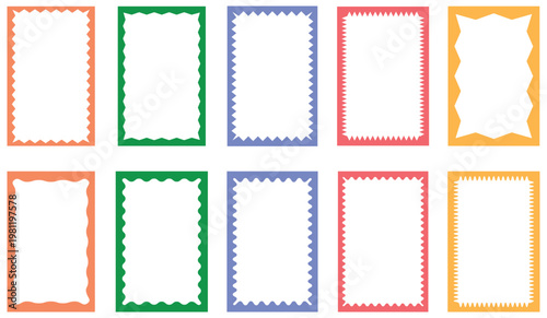 colorful outline wavy zigzag rectangle frames set on transparent background.  Rectangle shape frame with zigzag edge. 