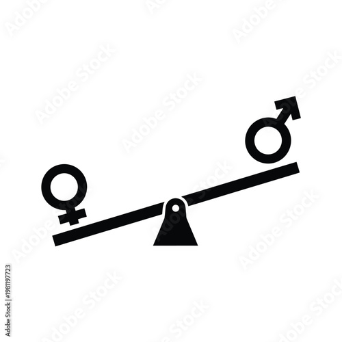 A black and white illustration depicts a seesaw balancing male and female gender symbols representing equality high quality professional