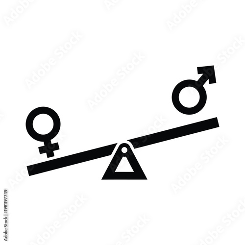 A simple black and white illustration depicts gender symbols balancing on a seesaw representing equality high quality professional detailed