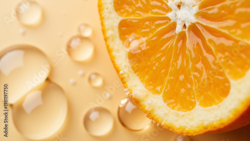 Macro orange slice with water droplets, citrus texture background