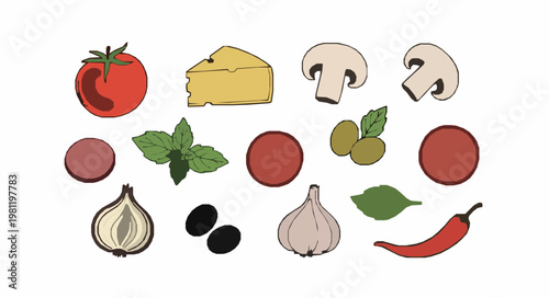 Hand drawn doodle pizza ingredients vector set with tomato cheese mushroom and toppings isolated on white background