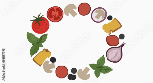Pizza ingredients doodle vector illustration with toppings in circular composition for menu design isolated on white