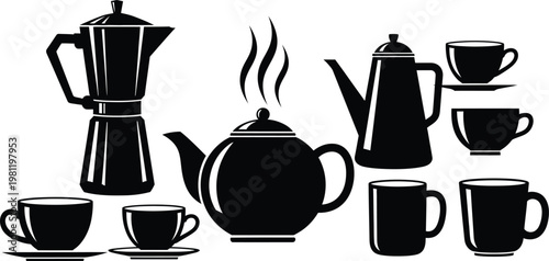 Classic black and white illustration of coffee brewing and serving set Vector
