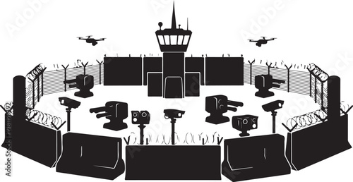 Airport security checkpoint, vector illustration, airport control tower, surveillance cameras
