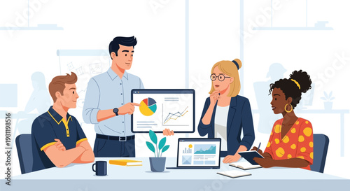 Professionals evaluate marketing statistics during a creative office.