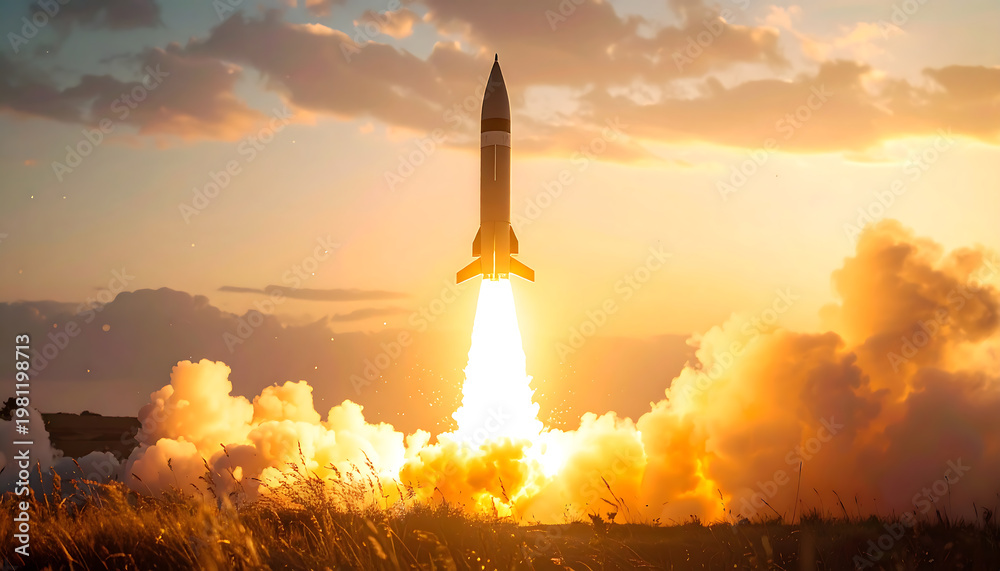 Obraz premium Rocket Launching into the Sunset Sky with Fiery Exhaust and Dramatic Clouds