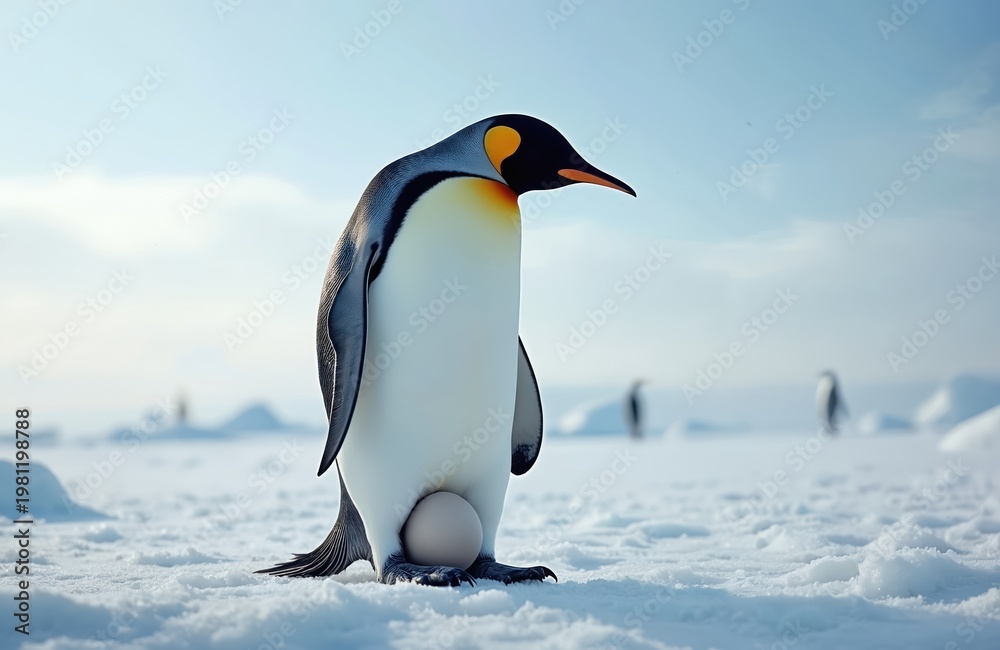 Obraz premium Emperor penguin adult stands on snow holding single egg in its feet for warmth. Other penguins visible in far distance. Antarctic landscape under bright blue sky.