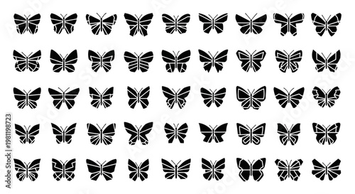 Collection of various butterfly silhouettes on white background.