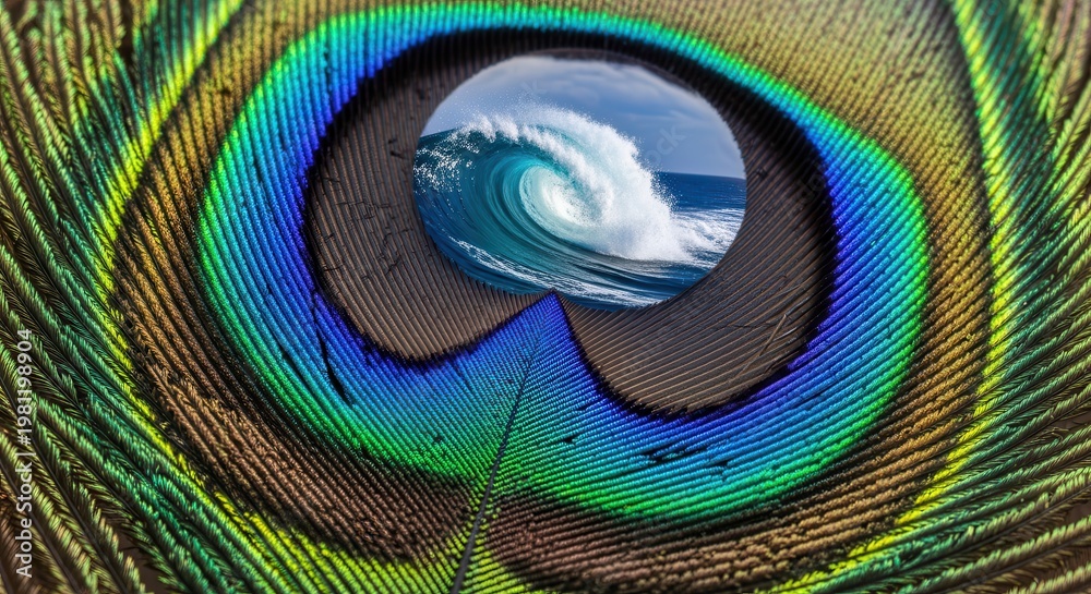 Fototapeta premium Peacock feather eye reveals a powerful ocean wave crashing against the horizon.