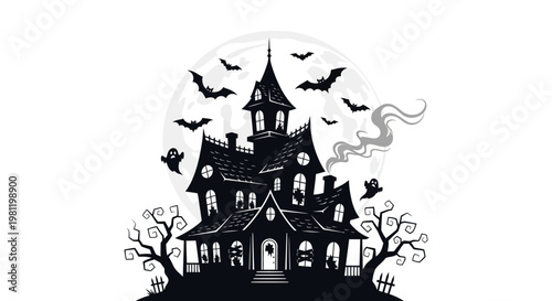 Scary haunted house silhouette with bats and a glowing moon in a spooky dark night autumn forest vector illustration