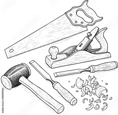 Traditional woodworking tools set with hand saw, wood plane, chisels and mallet line art.