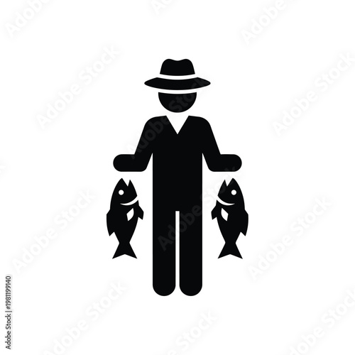 A simple black glyph depicts a fisherman proudly displaying two freshly caught fish a classic symbol high quality professional