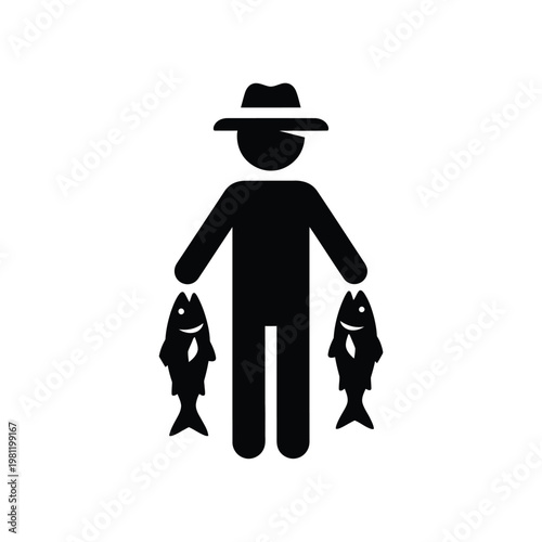 A simple black silhouette depicts a fisherman proudly displaying two freshly caught fish in his hands high quality professional