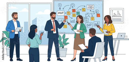 Colleagues discuss strategic business planning in a modern office meeting.