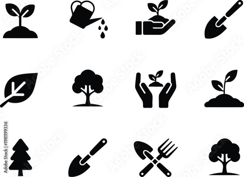 Gardening and farming icon set plant growth silhouette and agricultural tools collection isolated white background design