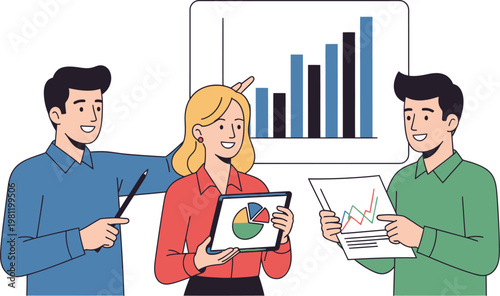 Coworkers analyze growth trends using digital tablets and paper documents.