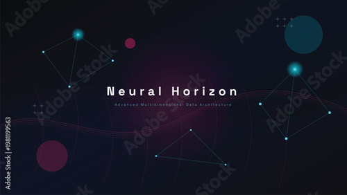 Futuristic neural network connections glowing on dark background with geometric shapes and lines.