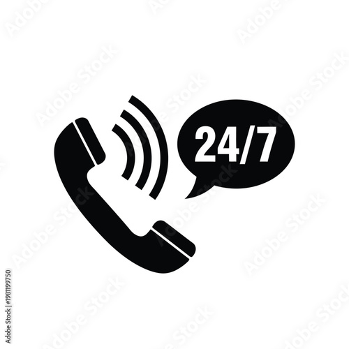 A black silhouette of a telephone handset with speech bubbles indicating 24 7 availability and constant support high quality professional