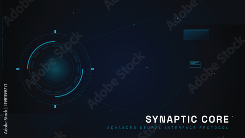 A futuristic illustration of a glowing blue circle with lines and rectangles on a dark background, representing a Synaptic Core interface with advanced neural network protocols.