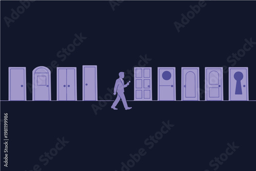 Opportunity Cost Concept with Multiple Doors and Single Key Representing Choice Limitation and Strategic Focus Illustration