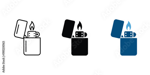 Gasoline lighter icon pocket ignition lighter flame spark fuel fire start symbol flammable refillable tool illustration