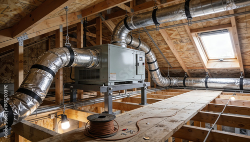 Modern HVAC unit and insulated ductwork in a residential attic under construction, crucial for home heating, cooling, and air quality system installation