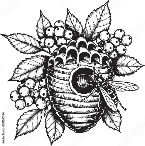 Whimsical bee hive surrounded by berries and leaves in a stylized illustration hand drawing illustration vector