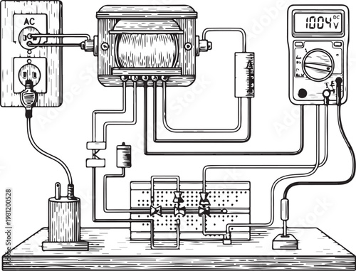 Vintage electrical experiment setup with measurement tools and transformer hand drawing illustration vector