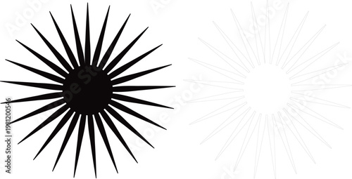 Abstract radial sunburst shape set collection group, circular geometric burst, spiral rays, floral rosette, vintage ornament, decorative starburst, black minimal vector design elements