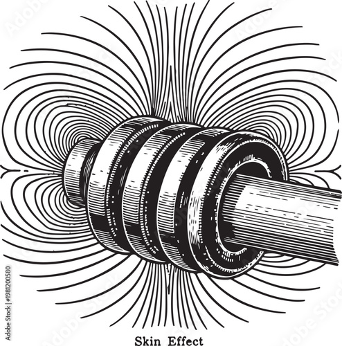 Illustration of the skin effect in electromagnetic wave propagation through a conductor hand drawing illustration vector