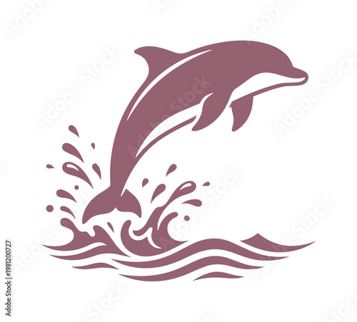 躍動感あふれるイルカのジャンプ、水しぶきと波を伴う美しいシルエットベクターイラスト。海や水生生物をテーマにしたデザインに最適な、単色のグラフィック素材。