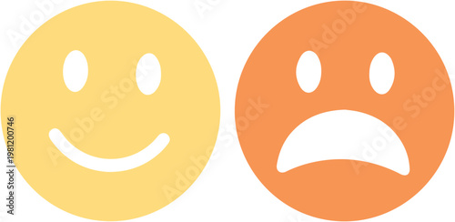 ハッピーとサッドの感情表現、笑顔と悲しい顔のシンプルな顔文字アイコンセット。ユーザー評価やフィードバック、気分を表すベクターイラスト。