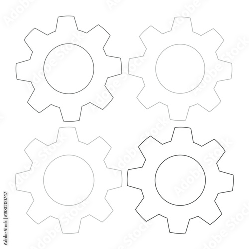 シンプルな歯車の線画アイコンセット、機械やテクノロジー、ビジネスの概念を表現するベクターイラスト素材、4つのギアデザイン。