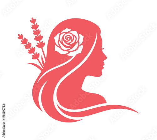 エレガントな女性の横顔とバラ、ラベンダーのシルエットベクターイラスト。美容、アロマ、スパ、ウェルネス、自然派化粧品ブランドに最適な、優雅で癒しを感じさせるデザイン素材。