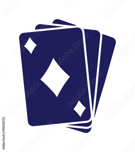トランプカードのベクターアイコン、ダイヤモンドのスーツが特徴的なネイビーブルーのカードセット、カジノゲームやボードゲームのグラフィック素材、ギャンブルやエンターテイメントのシンボルデザイン