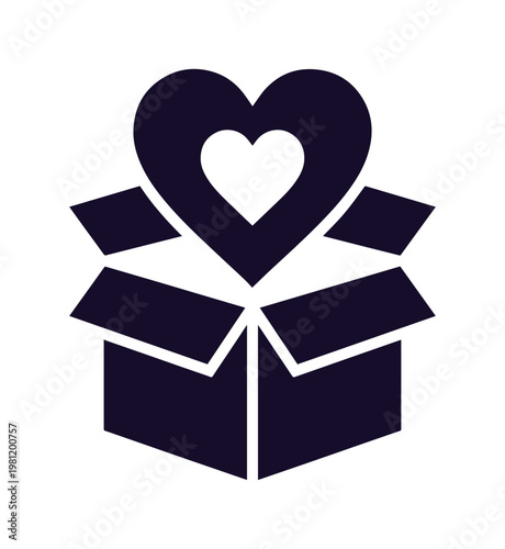 愛と感謝を贈るハートのギフトボックスアイコン、シンプルなモノクロベクターイラスト、寄付やチャリティー、ボランティア活動のシンボル、思いやりと支援の概念デザイン。