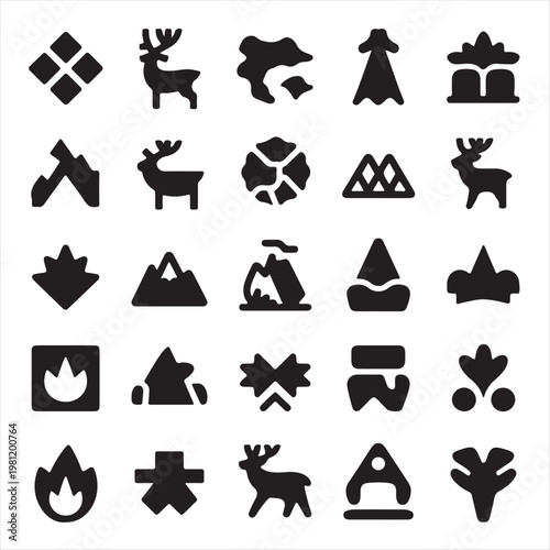 Set of black silhouette icons featuring tree, travel, christmas, and sun symbols in a vector sign illustration design