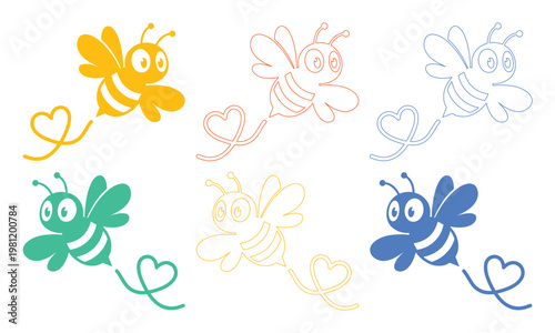 愛らしいミツバチのベクターイラストセット、ハートの軌跡を描く可愛い蜂のキャラクター、子供向けデザインやバレンタインに最適なカラフルな昆虫コレクション