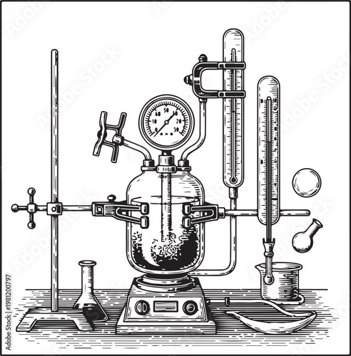 Vintage laboratory apparatus for chemical experiments and measurements hand drawing illustration vector