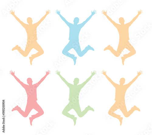 喜びを表現する躍動的なジャンプシルエット、多色展開で表現された活気ある人物のベクターイラストセット。成功、幸福、自由を象徴する多様な感情表現に最適なグラフィックリソース。