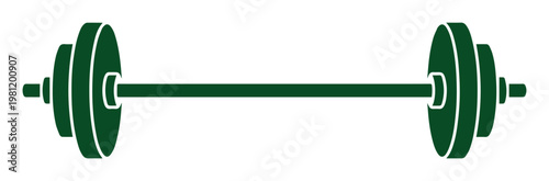 ダークグリーン色のバーベル、ウェイトトレーニングとフィットネスの象徴。健康的なライフスタイル、筋力トレーニング、スポーツジムのアイコンに最適なシンプルなベクターイラスト素材。