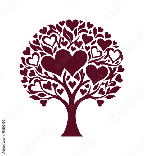 愛と生命の象徴、ハートの葉が茂るロマンチックな木。結婚式、バレンタイン、記念日デザインに最適なベクトルイラスト。
