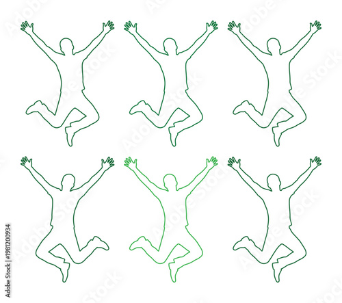 喜びと自由を表現する、躍動感あふれるジャンプする人々の緑色の線画ベクターアイコンセット。ポジティブな感情、成功、達成感を象徴するイラスト素材。