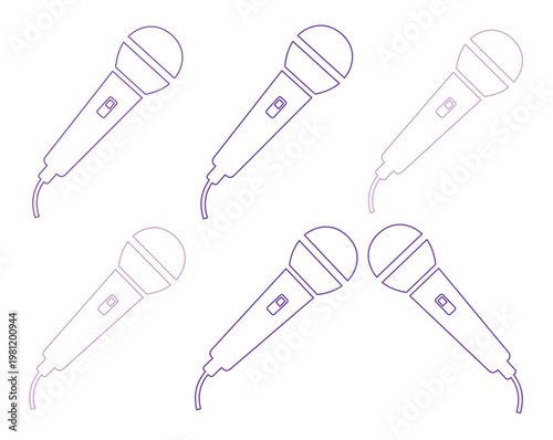 Принти на полотні シンプルなマイクのベクターアイコンセット、歌唱やスピーチに最適なオーディオ機器のイラスト、ライブイベントやプレゼンテーション用ツール、6種類のワイヤードマイクコ