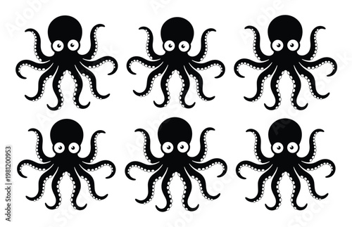 かわいいタコのキャラクター、シンプルなデザインの黒いタコ6匹のベクターイラストセット。海の生き物、海洋生物のアイコン、水族館や子供向けデザインに最適なコレクション。