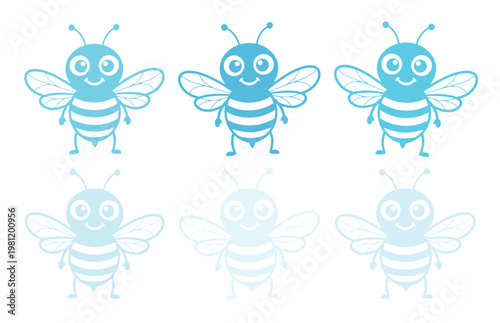 愛らしい水色のミツバチのベクターイラストセット、子供向けデザインや自然をテーマにしたプロジェクトに最適な、笑顔のハチのキャラクターコレクション