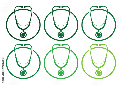 医療と健康を象徴する聴診器のアイコンセット、6種類の緑色のグラデーションで表現された医療機器のベクターイラスト、病院やクリニックのロゴデザインに最適