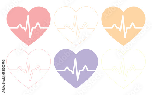 心電図の波形が描かれたパステルカラーのハートアイコンセット、医療や健康、愛情を表現するベクター素材、6種類の心臓の鼓動と愛のシンボル