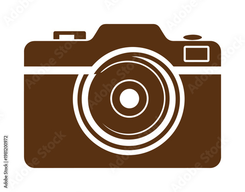 レトロなブラウンのカメラアイコン、クラシックな写真撮影のシンボル、ヴィンテージ感あふれるデジタル一眼レフカメラのベクターイラスト、写真愛好家やクリエイティブなプロジェクトに最適なデザイン素材
