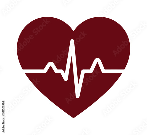 心電図の波形が描かれた深紅のハート型アイコン、医療と健康のシンボル、生命と愛情を表現するシンプルなベクターイラスト、WebサイトやアプリのUIデザインに最適